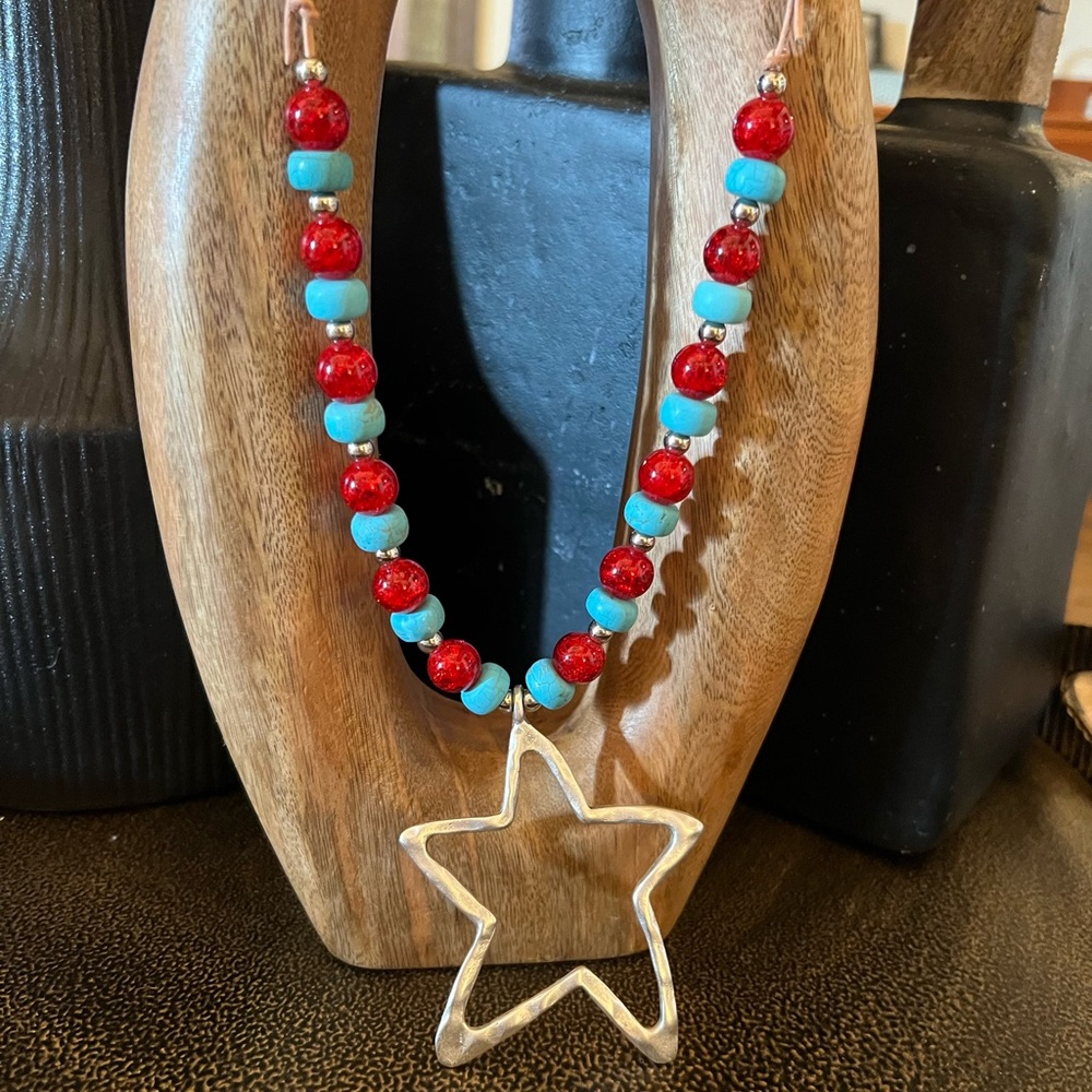 Red and Turquoise Beaded Necklace with Star Pendant